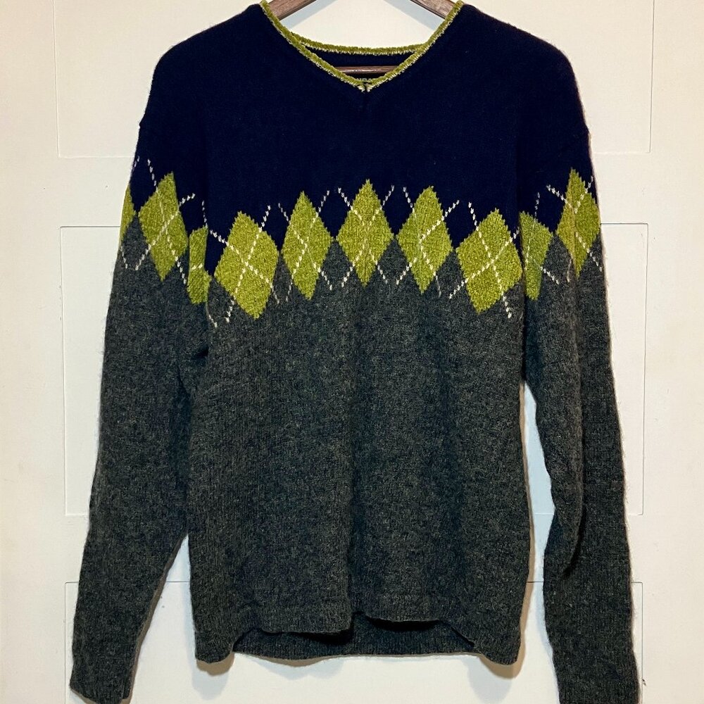 UNIONBAY Men's Medium/Large 92% Wool‎ V-Neck Argyle Sweater Preppy Winter Retro